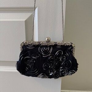 Clutch / Handbag. Black and Silver Material with Floral Design and Gemstones.